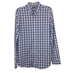 Express Fitted Mens Button Down Shirt Striped Plaid Long Sleeve White Blue M